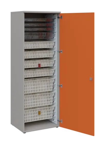 EUROMEDICA D - 66 skříň léková boxová, 1-dveřová, pravá, 1950x660x535, korpus šedý, dvířka mandarinka